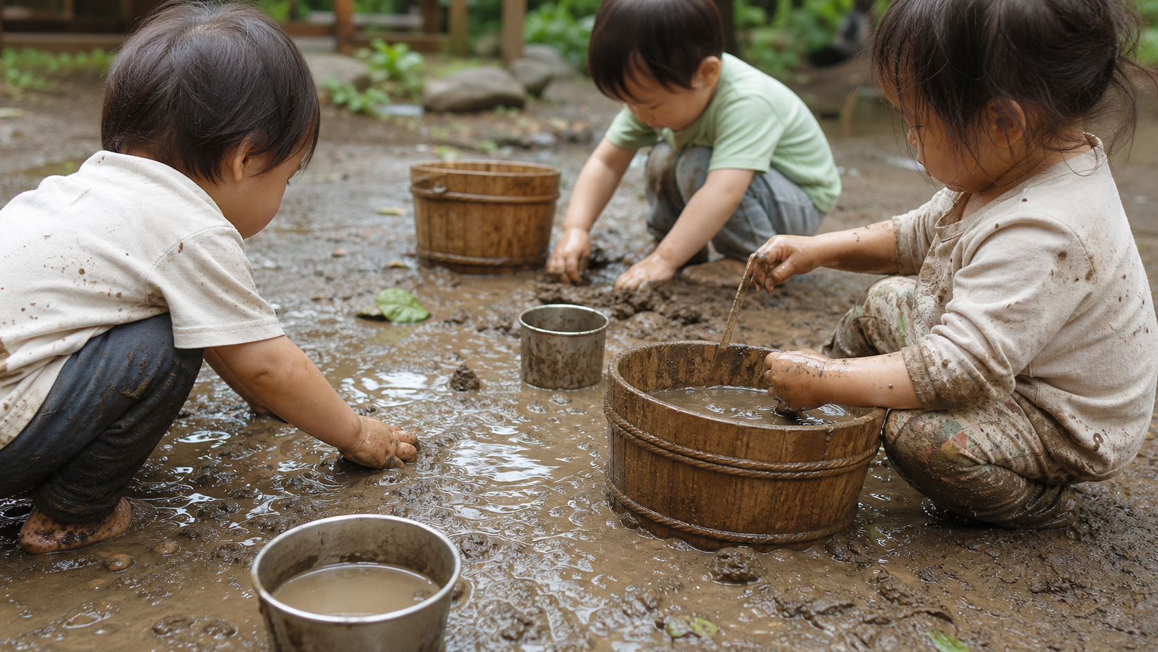 泥と水で遊ぶ子どもたち