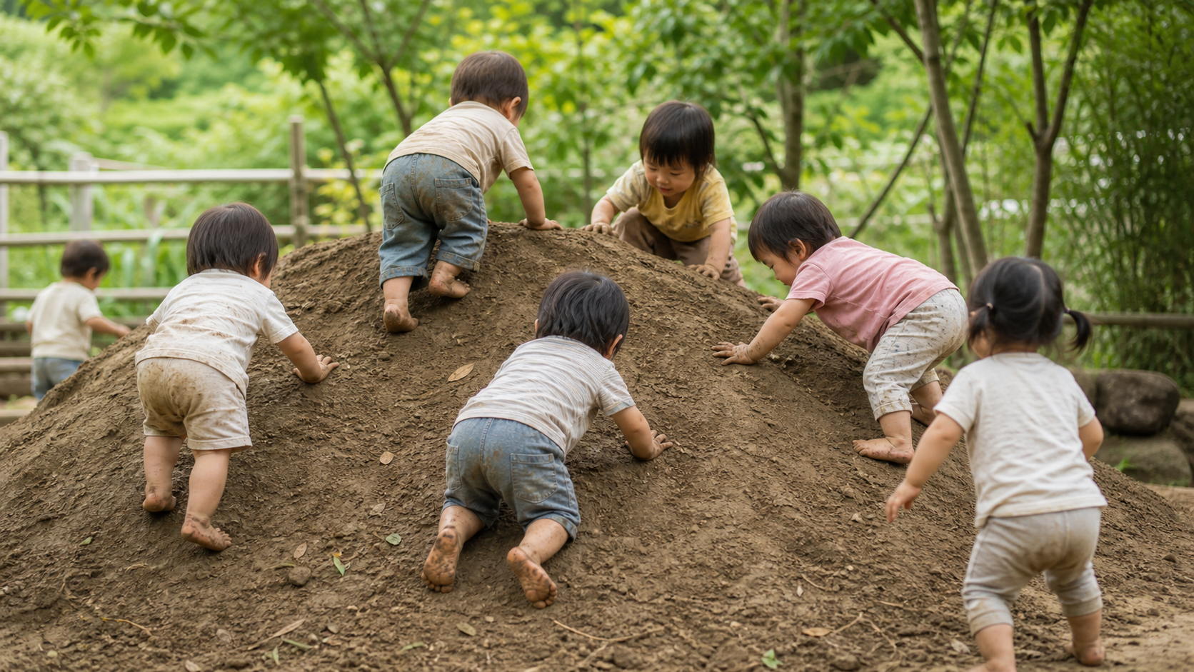 土山を力強く登る子どもたち