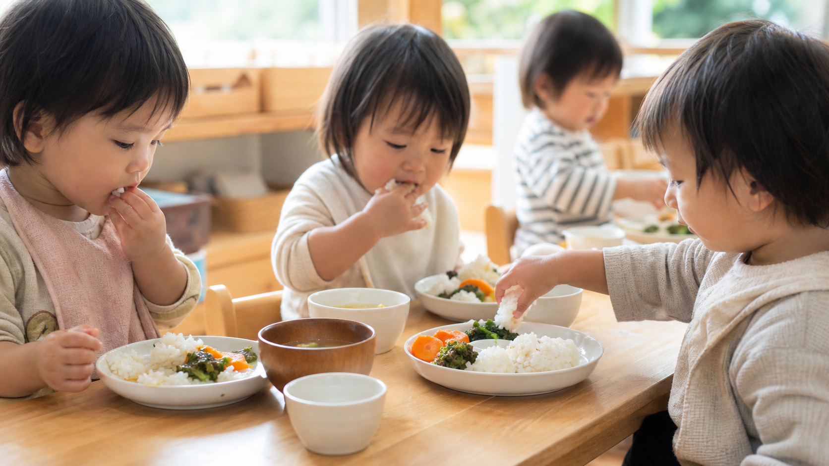 みんなで楽しく給食を食べる子どもたち