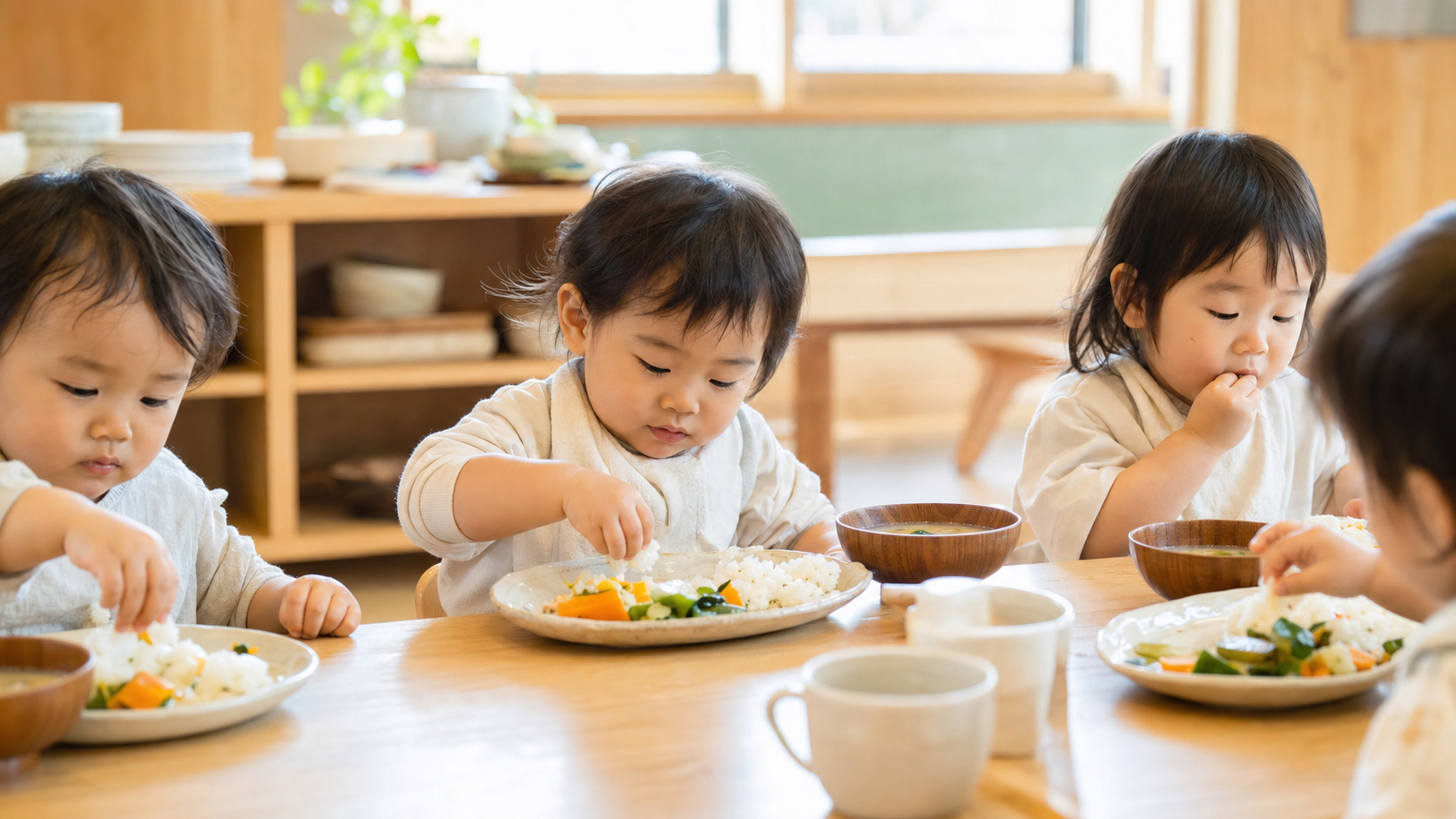 美味しそうに給食を食べる子どもたち