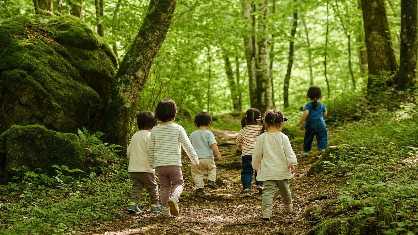 多度山の緑の森を歩く子どもたち